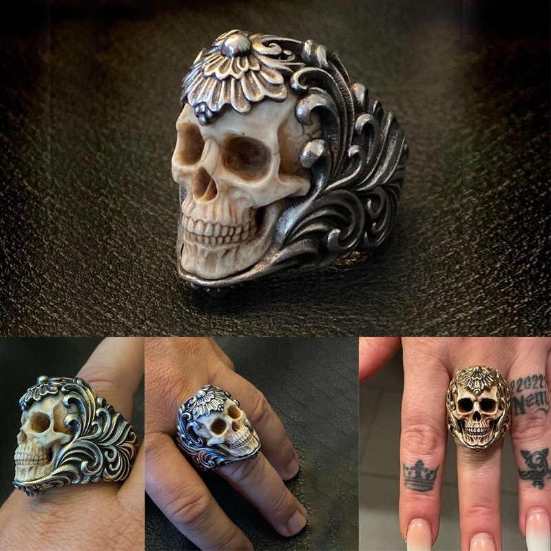 Bague tête de mort en bois de cerf à armure florale polonaise vintage