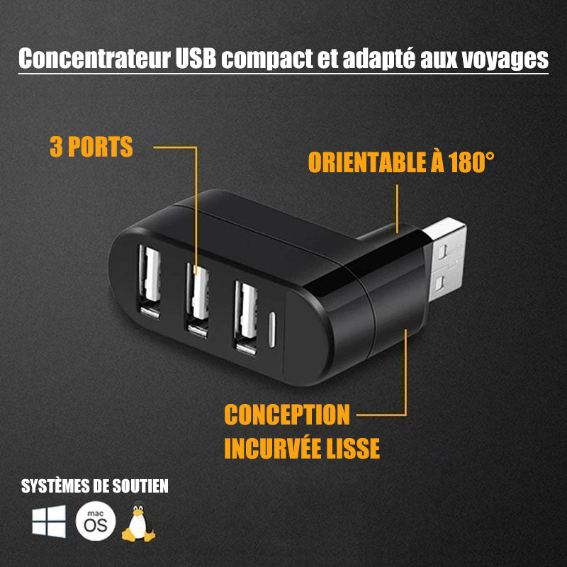 Mini Concentrateur USB Rotatif à 3 Ports