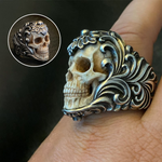 Bague tête de mort en bois de cerf à armure florale polonaise vintage