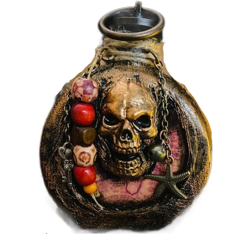 Bouteille de rhum tête de mort pirate en résine